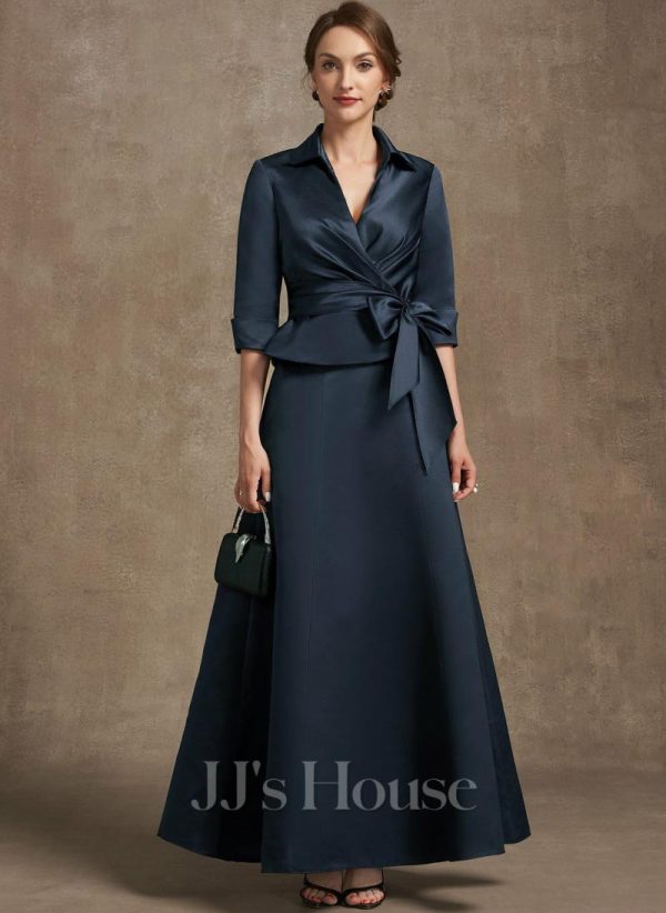 Mother of the Bride Dresses | A-line Separates V-Neck Collared Ankle-Length Satin Mother of the Bride Dress With Pleated Bow Dark Navy – Womens