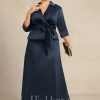 Mother of the Bride Dresses | A-line Separates V-Neck Collared Ankle-Length Satin Mother of the Bride Dress With Pleated Bow Dark Navy – Womens