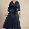 Mother of the Bride Dresses | A-line Separates V-Neck Collared Ankle-Length Satin Mother of the Bride Dress With Pleated Bow Dark Navy – Womens