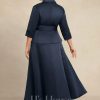 Mother of the Bride Dresses | A-line Separates V-Neck Collared Ankle-Length Satin Mother of the Bride Dress With Pleated Bow Dark Navy – Womens