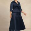 Mother of the Bride Dresses | A-line Separates V-Neck Collared Ankle-Length Satin Mother of the Bride Dress With Pleated Bow Dark Navy – Womens