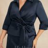 Mother of the Bride Dresses | A-line Separates V-Neck Collared Ankle-Length Satin Mother of the Bride Dress With Pleated Bow Dark Navy – Womens