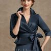 Mother of the Bride Dresses | A-line Separates V-Neck Collared Ankle-Length Satin Mother of the Bride Dress With Pleated Bow Dark Navy – Womens