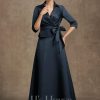 Mother of the Bride Dresses | A-line Separates V-Neck Collared Ankle-Length Satin Mother of the Bride Dress With Pleated Bow Dark Navy – Womens