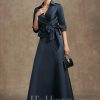 Mother of the Bride Dresses | A-line Separates V-Neck Collared Ankle-Length Satin Mother of the Bride Dress With Pleated Bow Dark Navy – Womens