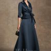 Mother of the Bride Dresses | A-line Separates V-Neck Collared Ankle-Length Satin Mother of the Bride Dress With Pleated Bow Dark Navy – Womens