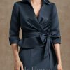 Mother of the Bride Dresses | A-line Separates V-Neck Collared Ankle-Length Satin Mother of the Bride Dress With Pleated Bow Dark Navy – Womens