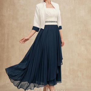 Mother of the Bride Dresses | A-line Square Asymmetrical Chiffon Mother of the Bride Dress With Beading Sequins Pleated Dark Navy – Womens