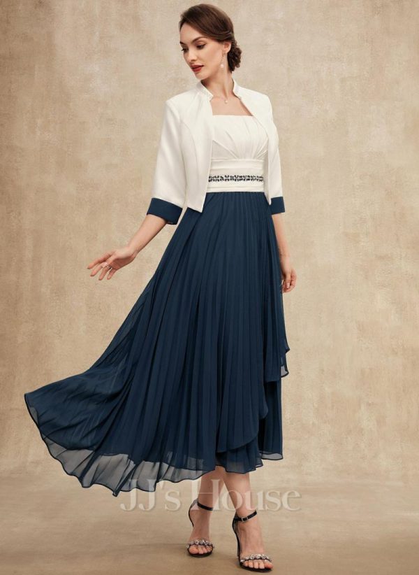 Mother of the Bride Dresses | A-line Square Asymmetrical Chiffon Mother of the Bride Dress With Beading Sequins Pleated Dark Navy – Womens