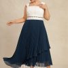 Mother of the Bride Dresses | A-line Square Asymmetrical Chiffon Mother of the Bride Dress With Beading Sequins Pleated Dark Navy – Womens