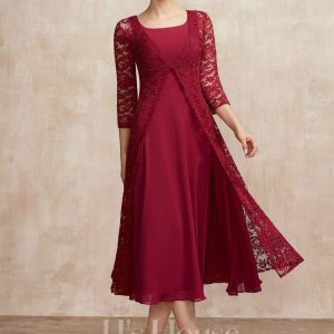 Mother of the Bride Dresses | A-line Square Tea-Length Chiffon Mother of the Bride Dress Burgundy – Womens