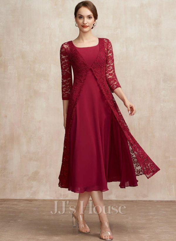 Mother of the Bride Dresses | A-line Square Tea-Length Chiffon Mother of the Bride Dress Burgundy – Womens