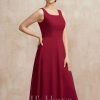 Mother of the Bride Dresses | A-line Square Tea-Length Chiffon Mother of the Bride Dress Burgundy – Womens