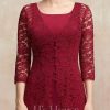 Mother of the Bride Dresses | A-line Square Tea-Length Chiffon Mother of the Bride Dress Burgundy – Womens