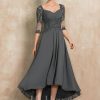 Mother of the Bride Dresses | A-line Sweetheart Asymmetrical Chiffon Lace Mother of the Bride Dress With Beading Pleated Sequins Steel Grey – Womens