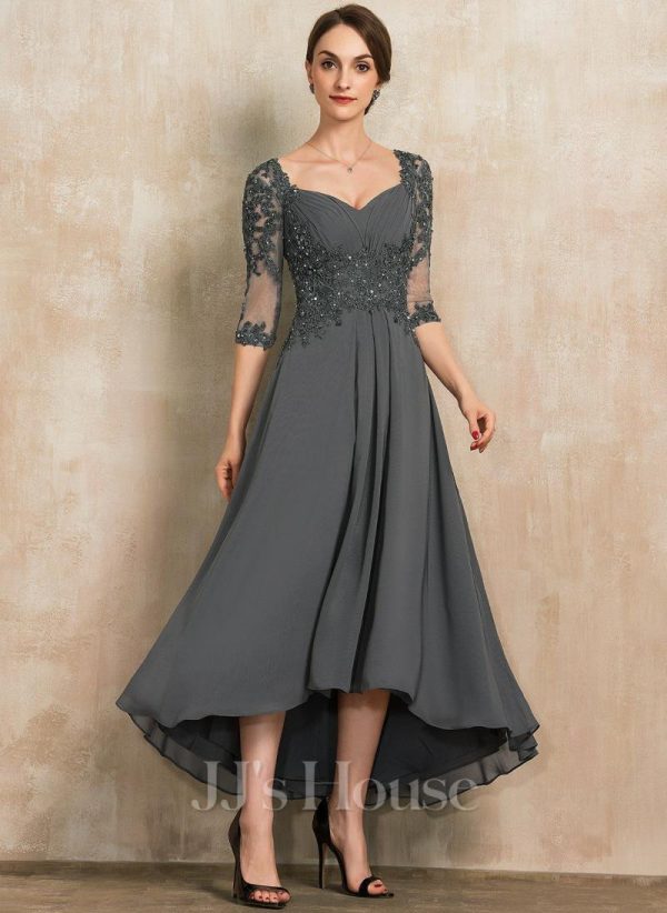 Mother of the Bride Dresses | A-line Sweetheart Asymmetrical Chiffon Lace Mother of the Bride Dress With Beading Pleated Sequins Steel Grey – Womens