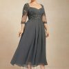 Mother of the Bride Dresses | A-line Sweetheart Asymmetrical Chiffon Lace Mother of the Bride Dress With Beading Pleated Sequins Steel Grey – Womens