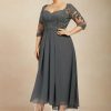 Mother of the Bride Dresses | A-line Sweetheart Asymmetrical Chiffon Lace Mother of the Bride Dress With Beading Pleated Sequins Steel Grey – Womens