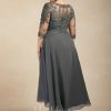 Mother of the Bride Dresses | A-line Sweetheart Asymmetrical Chiffon Lace Mother of the Bride Dress With Beading Pleated Sequins Steel Grey – Womens