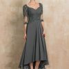 Mother of the Bride Dresses | A-line Sweetheart Asymmetrical Chiffon Lace Mother of the Bride Dress With Beading Pleated Sequins Steel Grey – Womens