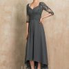 Mother of the Bride Dresses | A-line Sweetheart Asymmetrical Chiffon Lace Mother of the Bride Dress With Beading Pleated Sequins Steel Grey – Womens