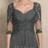 Mother of the Bride Dresses | A-line Sweetheart Asymmetrical Chiffon Lace Mother of the Bride Dress With Beading Pleated Sequins Steel Grey – Womens