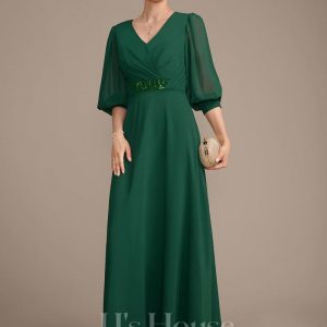 Mother of the Bride Dresses | A-line V-Neck Ankle-Length Chiffon Mother of the Bride Dress With Pleated Sequins Beading Dark Green – Womens