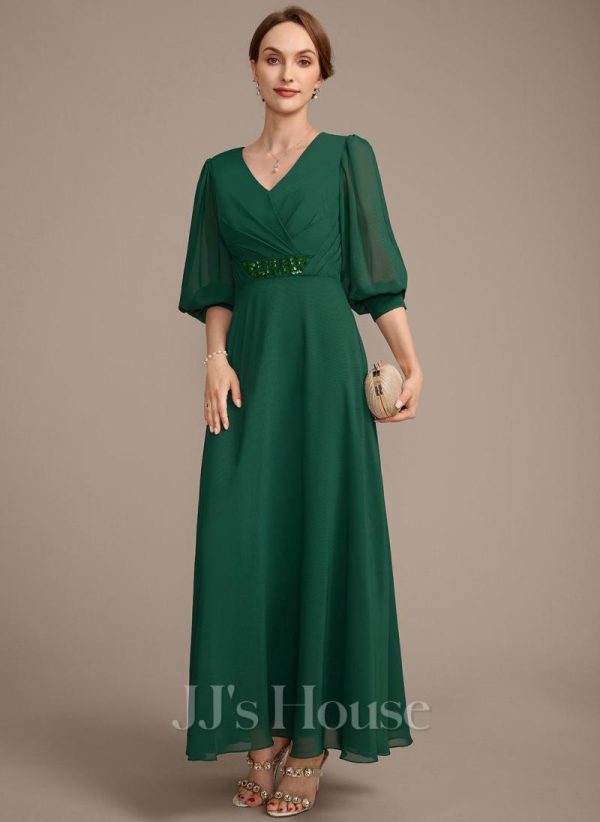 Mother of the Bride Dresses | A-line V-Neck Ankle-Length Chiffon Mother of the Bride Dress With Pleated Sequins Beading Dark Green – Womens