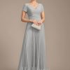 Mother of the Bride Dresses | A-line V-Neck Ankle-Length Chiffon Mother of the Bride Dress With Pleated Silver – Womens