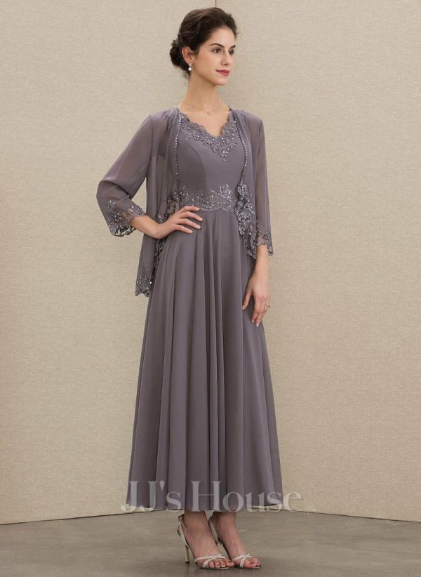 Mother of the Bride Dresses | A-line V-Neck Ankle-Length Chiffon Mother of the Bride Dress With Sequins Appliques Lace Beading As Picture – Womens