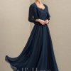 Mother of the Bride Dresses | A-line V-Neck Ankle-Length Lace Chiffon Mother of the Bride Dress With Sequins Dark Navy – Womens