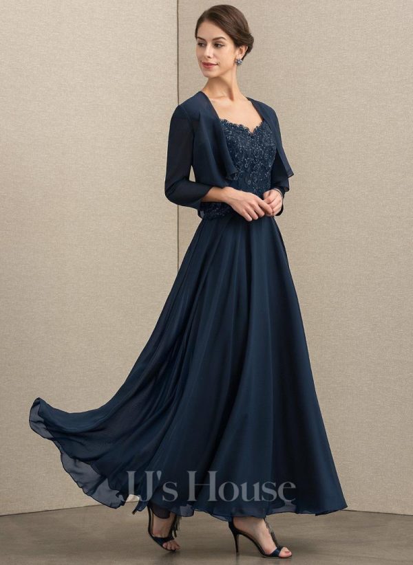 Mother of the Bride Dresses | A-line V-Neck Ankle-Length Lace Chiffon Mother of the Bride Dress With Sequins Dark Navy – Womens