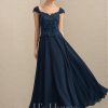 Mother of the Bride Dresses | A-line V-Neck Ankle-Length Lace Chiffon Mother of the Bride Dress With Sequins Dark Navy – Womens