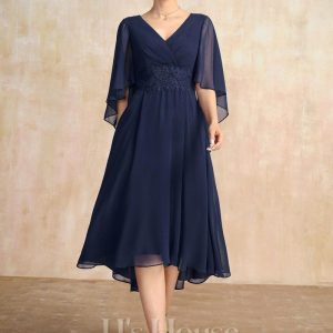 Mother of the Bride Dresses | A-line V-Neck Asymmetrical Chiffon Mother of the Bride Dress With Pleated Appliques Lace As Picture – Womens