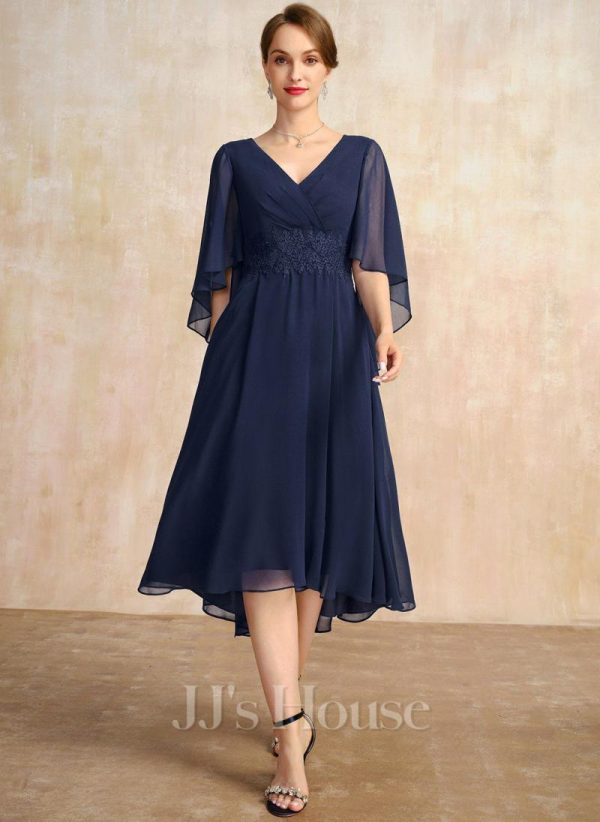 Mother of the Bride Dresses | A-line V-Neck Asymmetrical Chiffon Mother of the Bride Dress With Pleated Appliques Lace As Picture – Womens