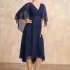 Mother of the Bride Dresses | A-line V-Neck Asymmetrical Chiffon Mother of the Bride Dress With Pleated Appliques Lace As Picture – Womens