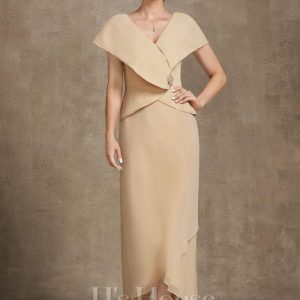 Mother of the Bride Dresses | A-line V-Neck Asymmetrical Chiffon Mother of the Bride Dress With Sequins Beading Champagne – Womens