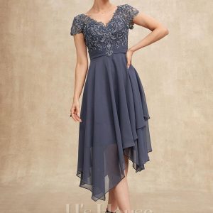 Mother of the Bride Dresses | A-line V-Neck Asymmetrical Lace Chiffon Mother of the Bride Dress Stormy – Womens