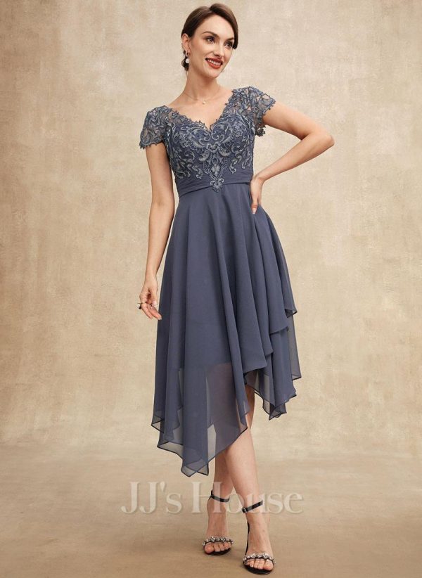 Mother of the Bride Dresses | A-line V-Neck Asymmetrical Lace Chiffon Mother of the Bride Dress Stormy – Womens