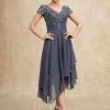 Mother of the Bride Dresses | A-line V-Neck Asymmetrical Lace Chiffon Mother of the Bride Dress Stormy – Womens