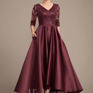 Mother of the Bride Dresses | A-line V-Neck Asymmetrical Satin Lace Mother of the Bride Dress With Sequins Cabernet – Womens