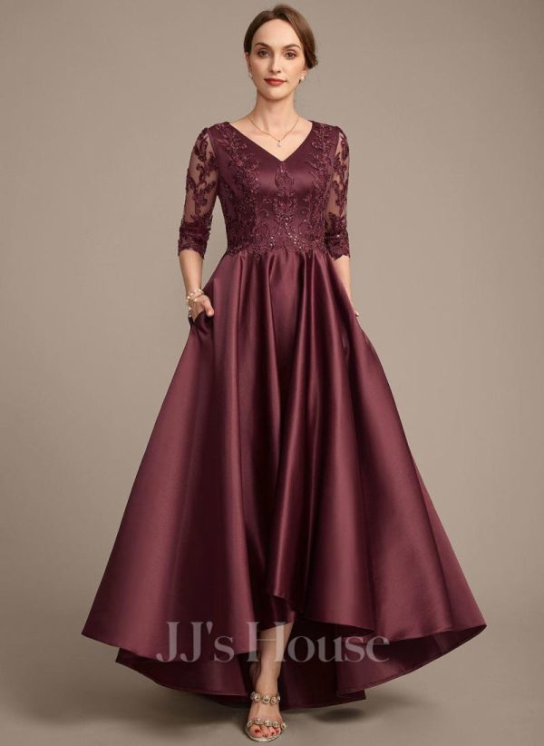 Mother of the Bride Dresses | A-line V-Neck Asymmetrical Satin Lace Mother of the Bride Dress With Sequins Cabernet – Womens