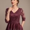 Mother of the Bride Dresses | A-line V-Neck Asymmetrical Satin Lace Mother of the Bride Dress With Sequins Cabernet – Womens