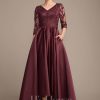 Mother of the Bride Dresses | A-line V-Neck Asymmetrical Satin Lace Mother of the Bride Dress With Sequins Cabernet – Womens