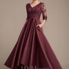 Mother of the Bride Dresses | A-line V-Neck Asymmetrical Satin Lace Mother of the Bride Dress With Sequins Cabernet – Womens