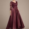 Mother of the Bride Dresses | A-line V-Neck Asymmetrical Satin Lace Mother of the Bride Dress With Sequins Cabernet – Womens