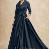 Mother of the Bride Dresses | A-line V-Neck Collared Asymmetrical Satin Mother of the Bride Dress With Bow Dark Navy – Womens