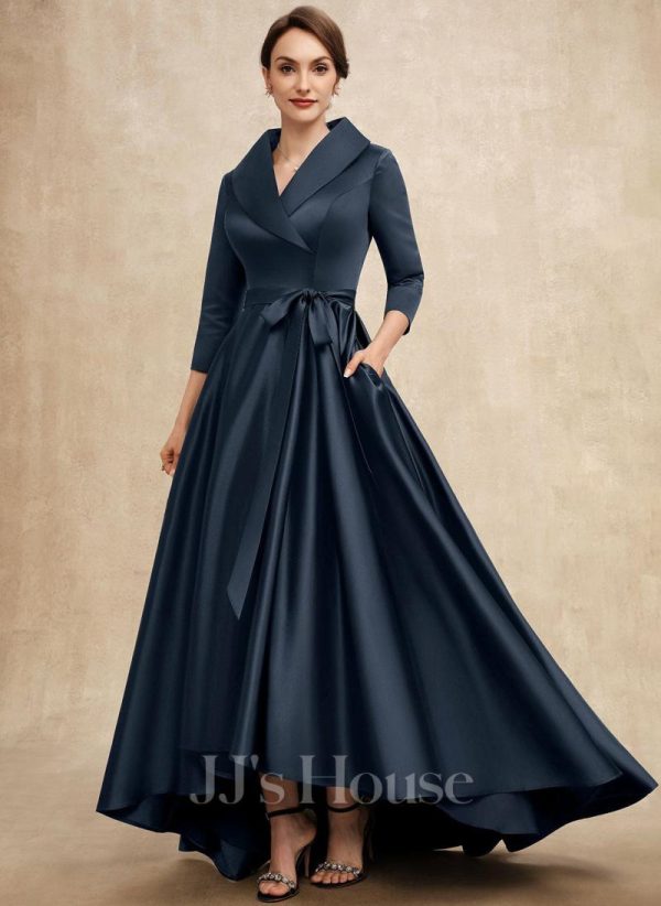 Mother of the Bride Dresses | A-line V-Neck Collared Asymmetrical Satin Mother of the Bride Dress With Bow Dark Navy – Womens