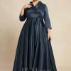 Mother of the Bride Dresses | A-line V-Neck Collared Asymmetrical Satin Mother of the Bride Dress With Bow Dark Navy – Womens