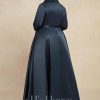 Mother of the Bride Dresses | A-line V-Neck Collared Asymmetrical Satin Mother of the Bride Dress With Bow Dark Navy – Womens